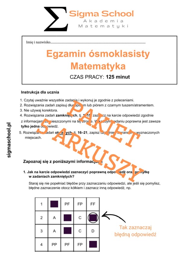 Pakiet 5 próbnych  Arkuszy  Ósmoklasisty – Matematyka 2026 – Zgodny z CKE (+ Odpowiedzi)