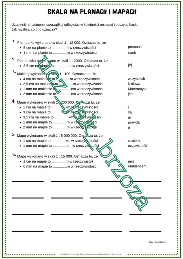Skala na planach i mapach, klasa 6, karta pracy z hasłem