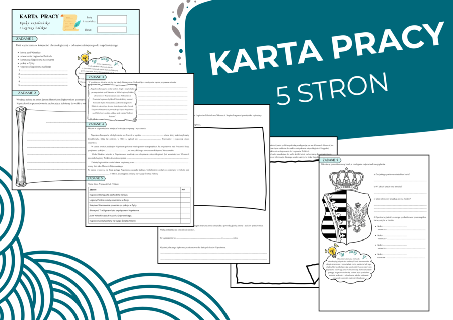 Epoka napoleońska , Legiony Polskie, Księstwo Warszawskie – 5 stron,  karta pracy dla klasy 6