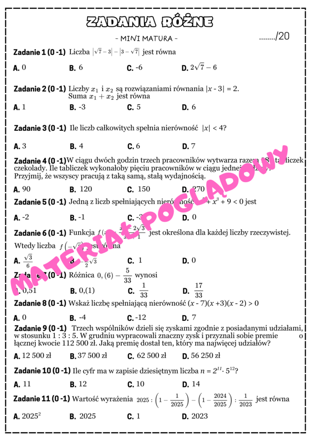 PAKIET - CAŁOŚĆ. Mini matura. Matematyka - zbiór zadań maturalnych