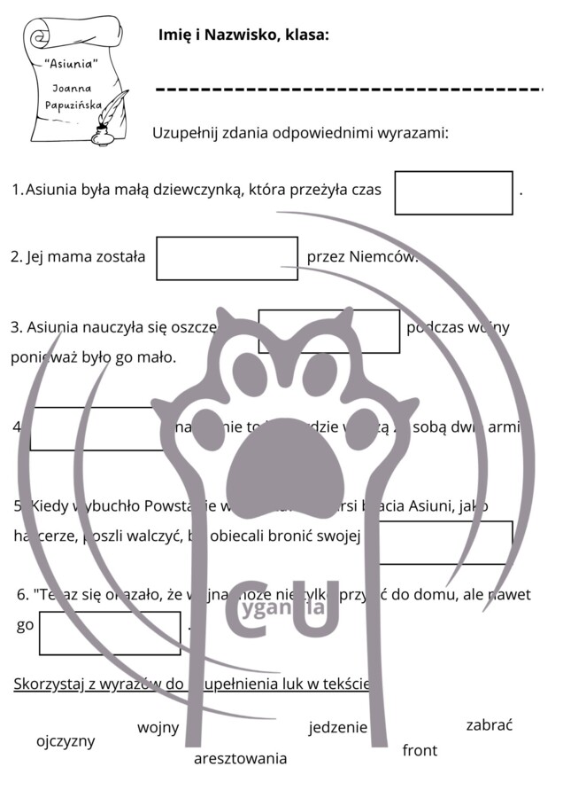 Karty Pracy z odpowiedziami do lektury „Asiunia” Joanny Papuzińskiej