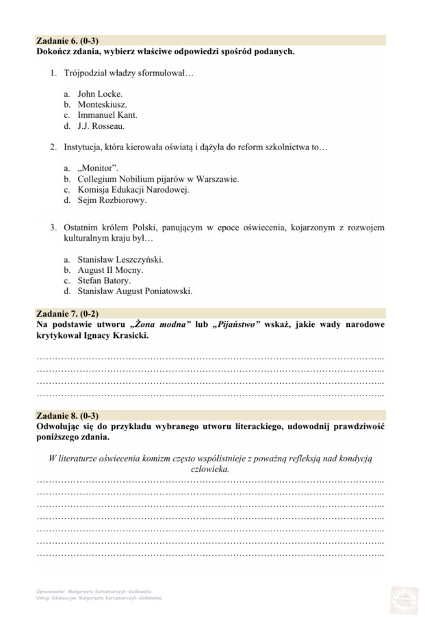 Sprawdzian przekrojowy z oświecenia