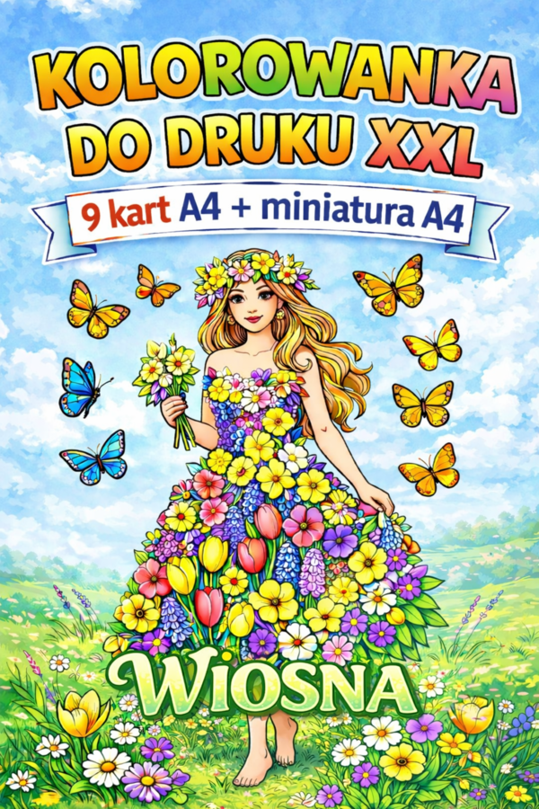 PANI WIOSNA - kolorowanka XXL do druku 9xA4 + miniatura A4; plakat; dekoracja; świetlica