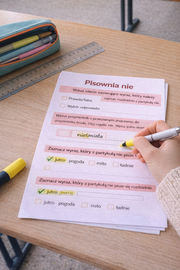 PISOWNIA "NIE" Z RÓŻNYMI CZĘŚCIAMI MOWY [Karta pracy, sprawdzian]