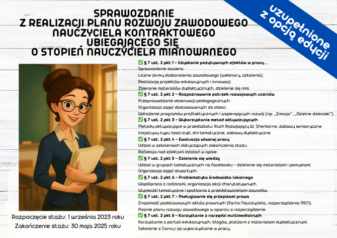 SPRAWOZDANIE Z REALIZACJI PLANU ROZWOJU ZAWODOWEGO NAUCZYCIELA KONTRAKTOWEGO UBIEGAJĄCEGO SIĘ O STOPIEŃ NAUCZYCIELA MIANOWANEGO