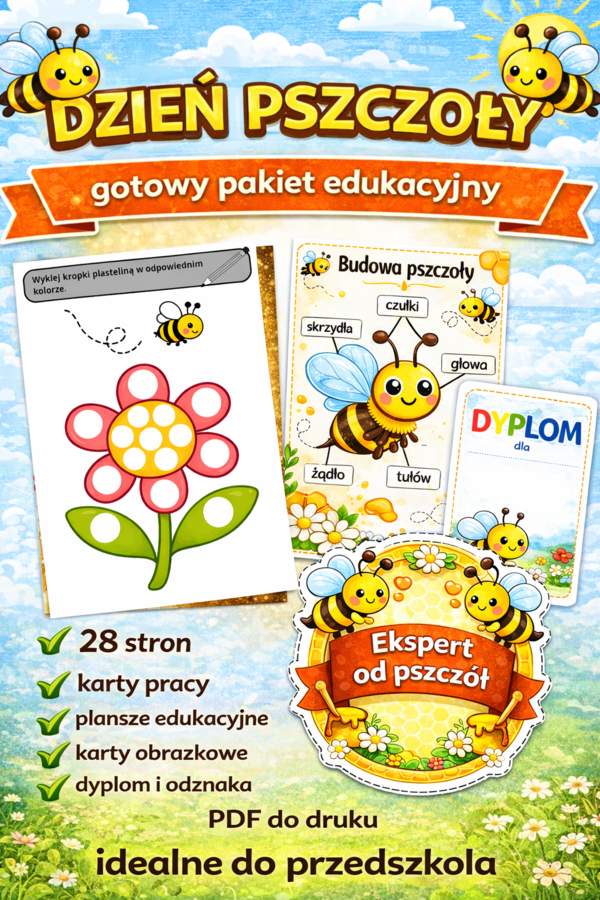 Dzień Pszczoły – pakiet edukacyjny (28 stron) | karty pracy, plansze, dyplom