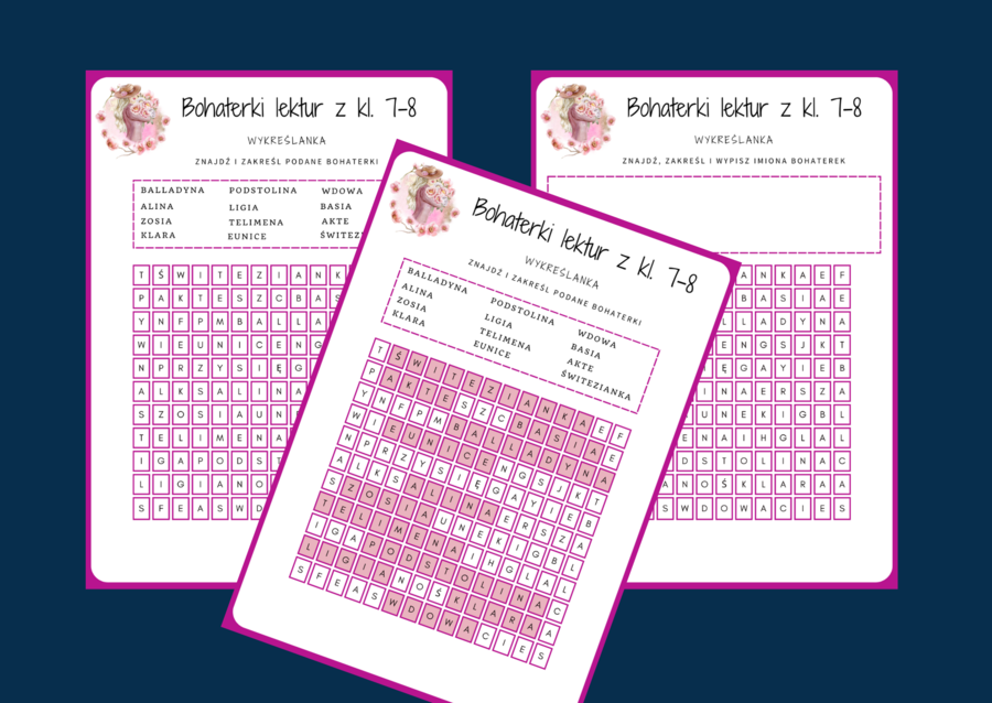 BOHATERKI LEKTUR z klas 7-8 - wykreślanka - powtórka - Dzień Kobiet - walentynki