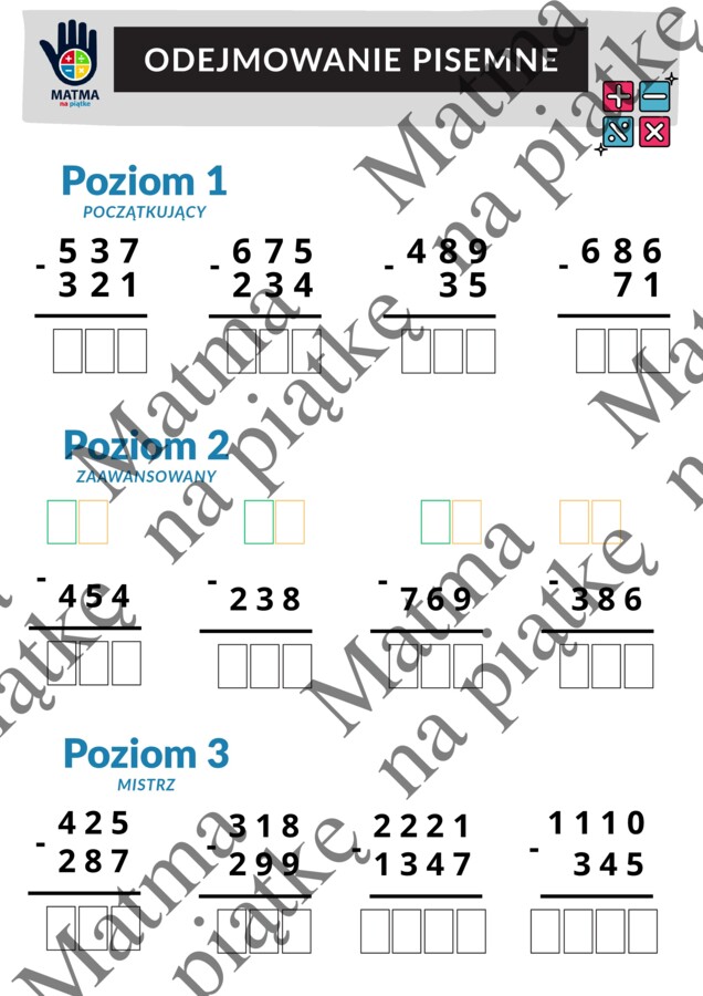 Odejmowanie pisemne/Karta pracy/Klasa 4 SP./ Klasa 5 SP./ Klasa 6 SP.
