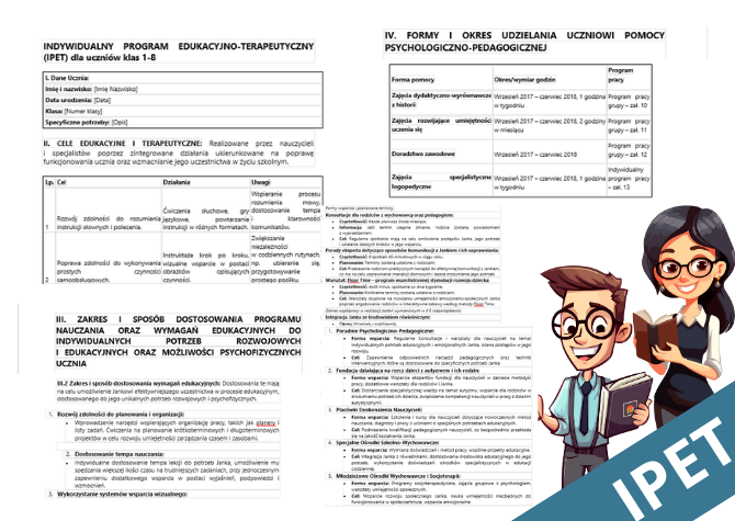 IPET. Indywidulany program edukacyjno – terapeutyczny.- przykład - autyzm -gotowe propozycje