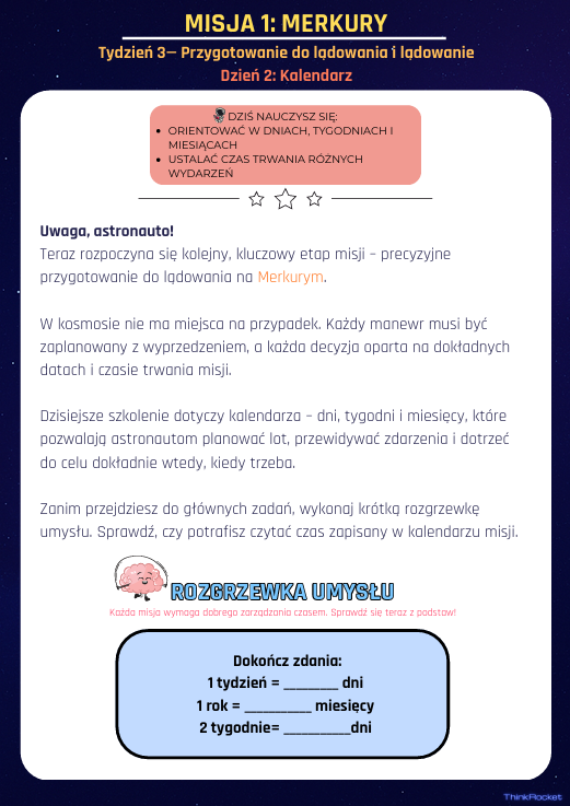Kalendarz i czas, system rzymski| Klasy 4-6 | 5 dni teorii, rozgrzewek i zadań w kosmicznej fabule misji ThinkRocket