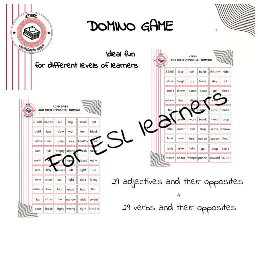 Język angielski - Domino - przymiotniki i czasowniki i ich przeciwieństwa