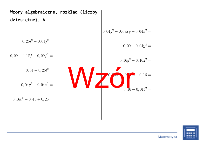 Wzory algebraiczne, rozkład (liczby dziesiętne) | matematyka, algebra | 26 kolumn