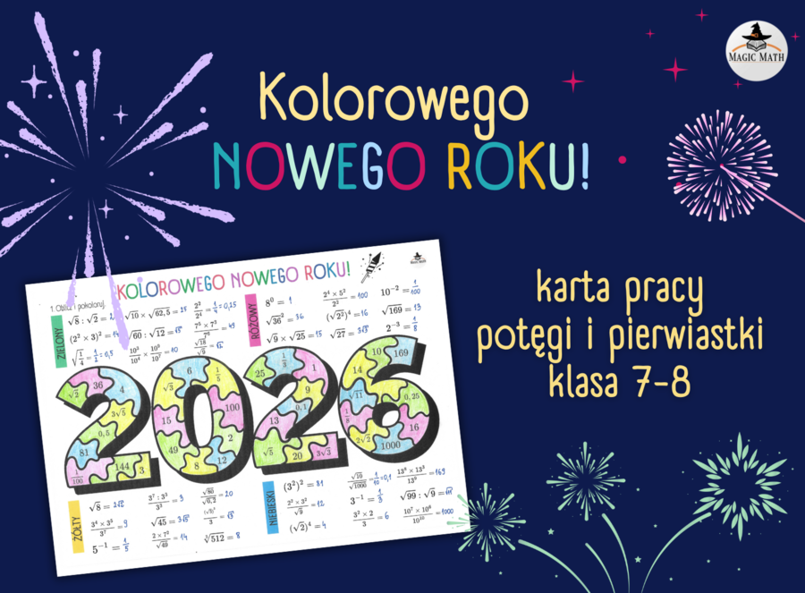 Kolorowego Nowego Roku 2026 – karta pracy - potęgi i pierwiastki | Matematyka klasy 7–8