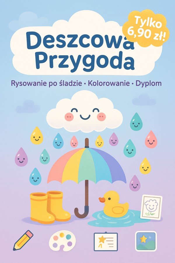 Rysowanie po śladzie: krople deszczu, chmurki, kalosze, parasole