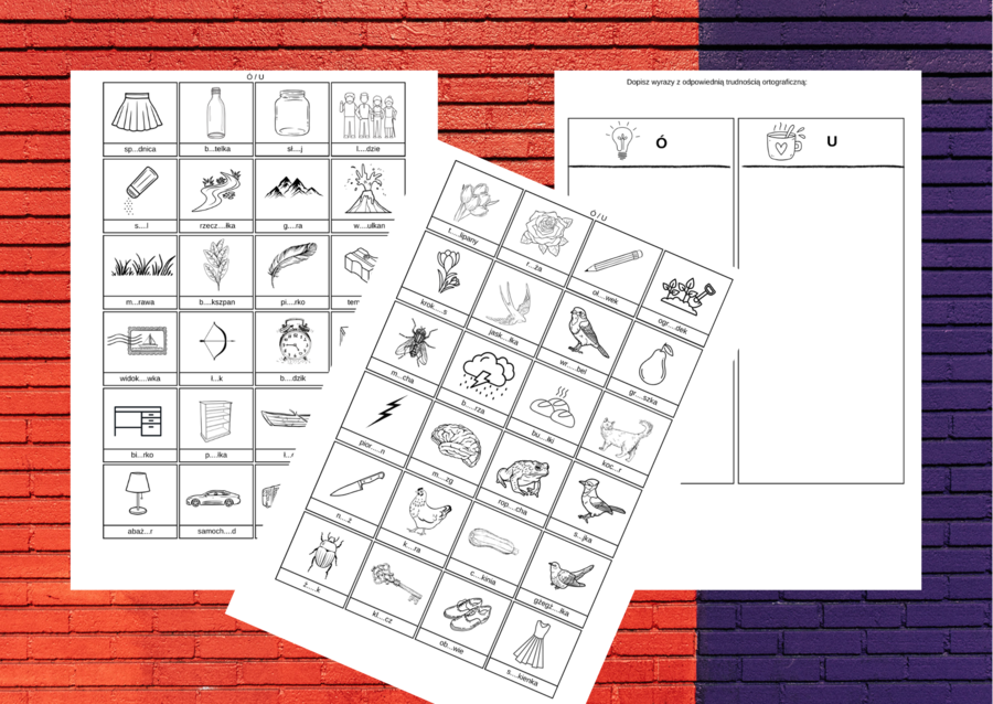 WYRAZY Z „Ó” i „U”, "RZ" i "Ż", "CH" i "H" – ortografia – wklejka – karta pracy - ZESTAW