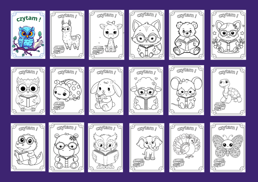 Czytam! - DZIEŃ KSIĄŻKI – Dzień Zwierząt - Galeria – kolorowanka – kolorowanki – biblioteka – świetlica – przedszkole – 35 wersji
