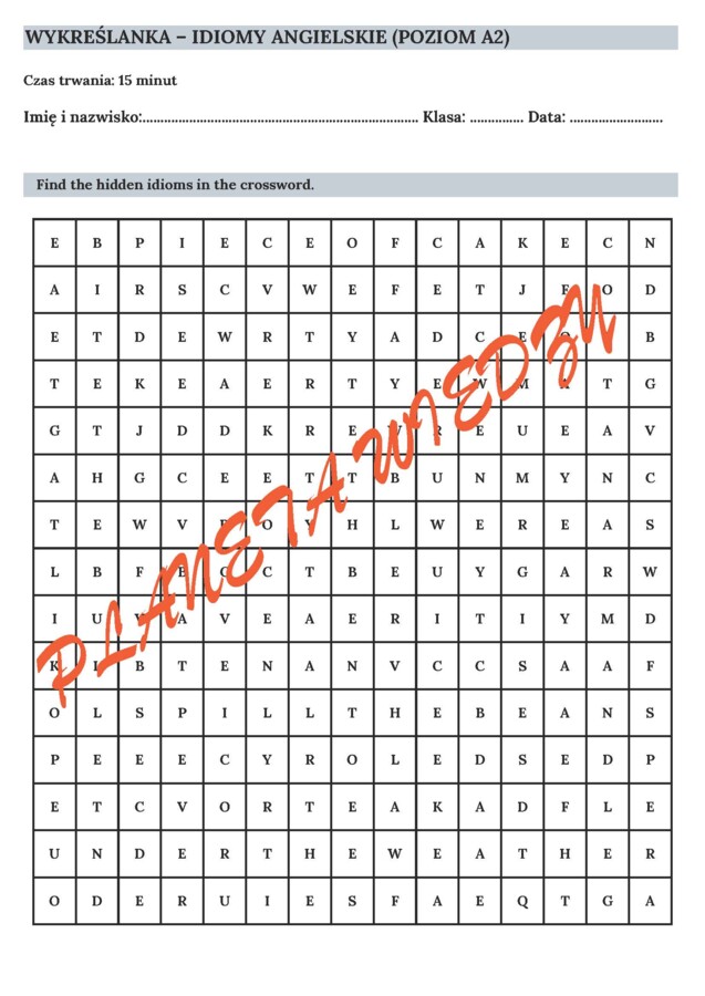 Wykreślanka - Najpopularniejsze Angielskie Idiomy poziom A2 – PDF do druku + Klucz Odpowiedzi