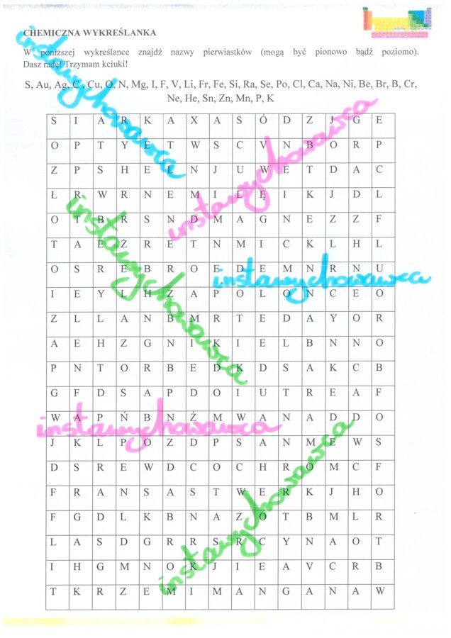 Chemiczna wykreślanka z symbolami pierwiastków