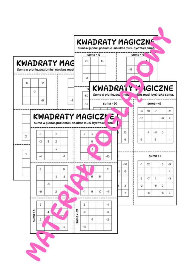 Kwadraty magiczne - liczby całkowite. Klasa 5. Klasa 6
