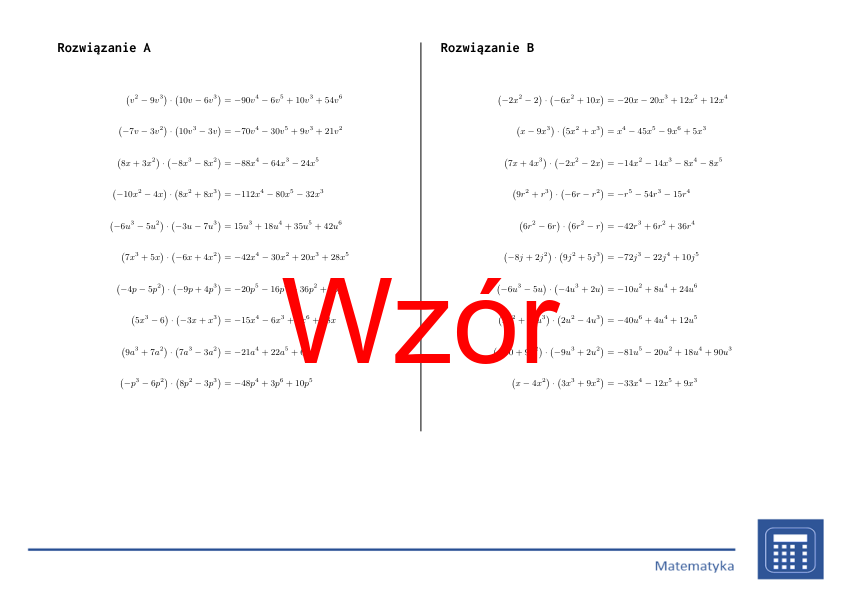 Mnożenie wielomianu przez wielomian (liczby całkowite) | matematyka, algebra | 26 kolumn