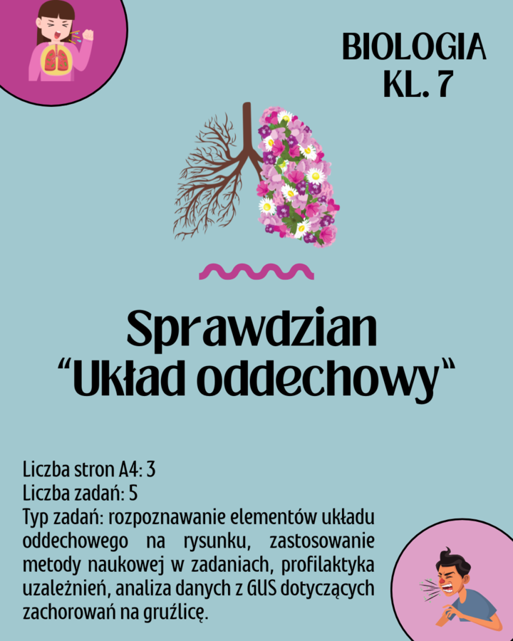Biologia. Klasa 7. Sprawdzian: Układ oddechowy. Test zgodny z nową podstawą programową.
