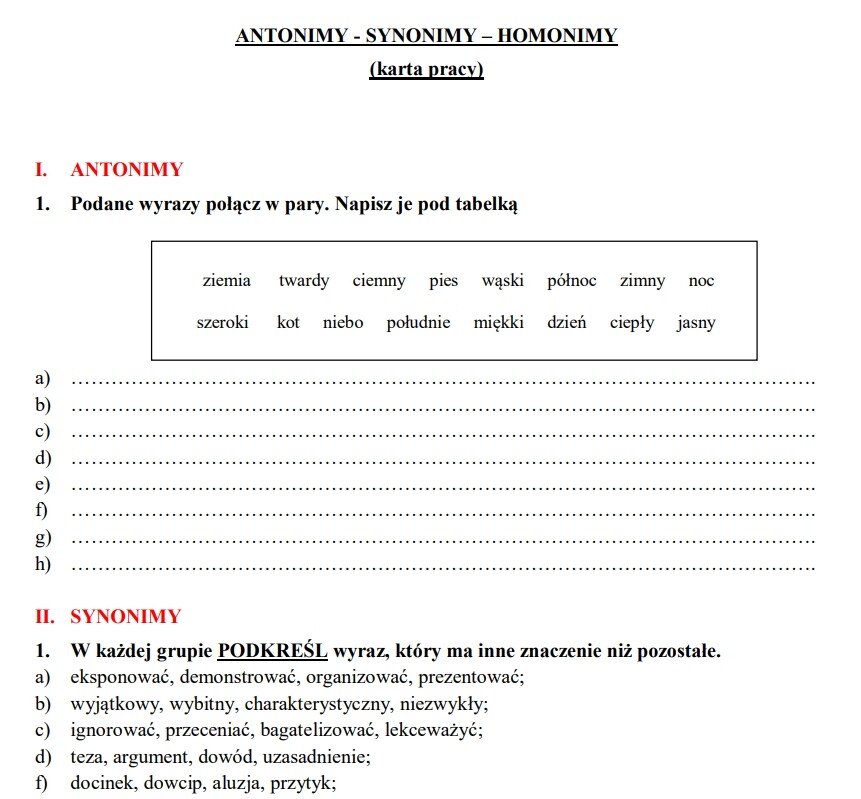 Antonimy - homonimy - synonimy. Karta pracy