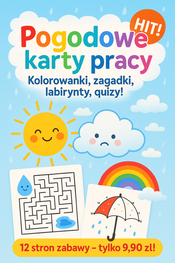Karty pracy: kolorowanki związane z pogodą, labirynty, łączenie kropek.