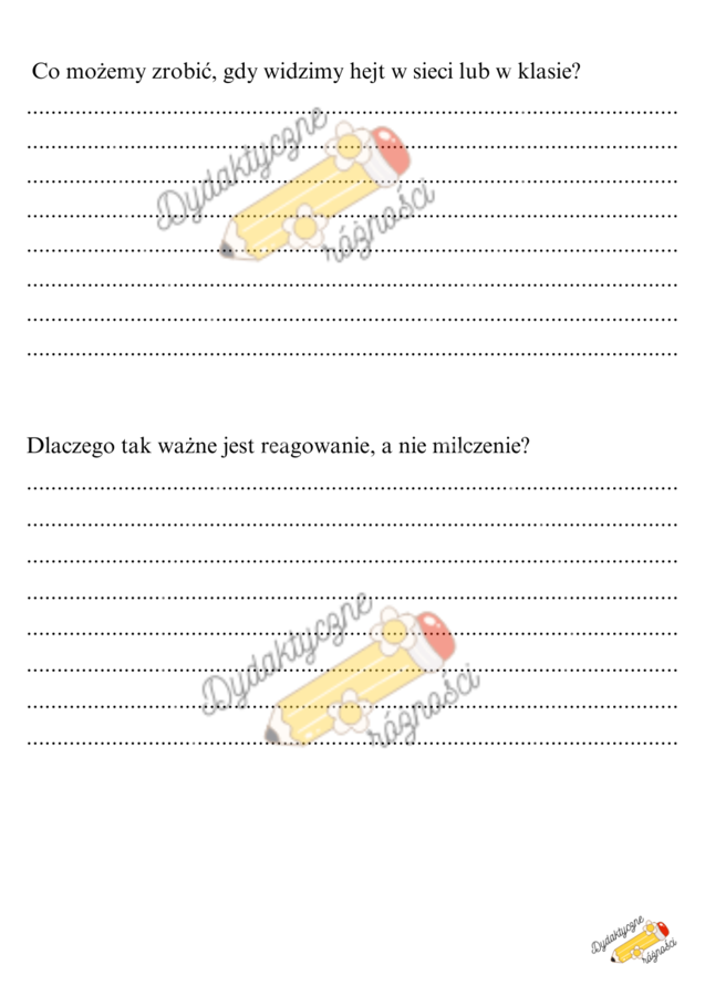 Lekcja wychowawcza - relacje rówieśnicze i hejt - klasa 4-6. Teksty + pytania otwarte.