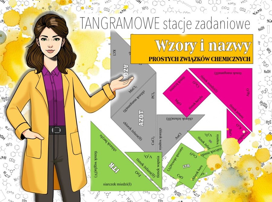 Chemia. Klasa 7. Wzory prostych związków chemicznych. Tangramowe stacje zadaniowe. Praca grupowa. Zadanie. Zagadka. Gra dydaktyczna. Układanka. Tangram. Puzzle.