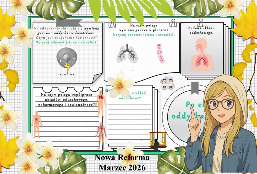 Karta pracy z przyrody do klasy 4 "Po co oddychamy?". Przygotowana na podstawie podręcznika „Odkrywam przyrodę” wydawnictwa Nowa Era. Dział "Jak działa moje ciało?".