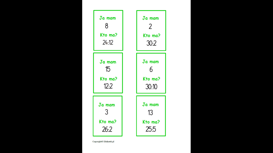 Karty typu kto ma, ja mam - gra matematyczna (dzielenie)