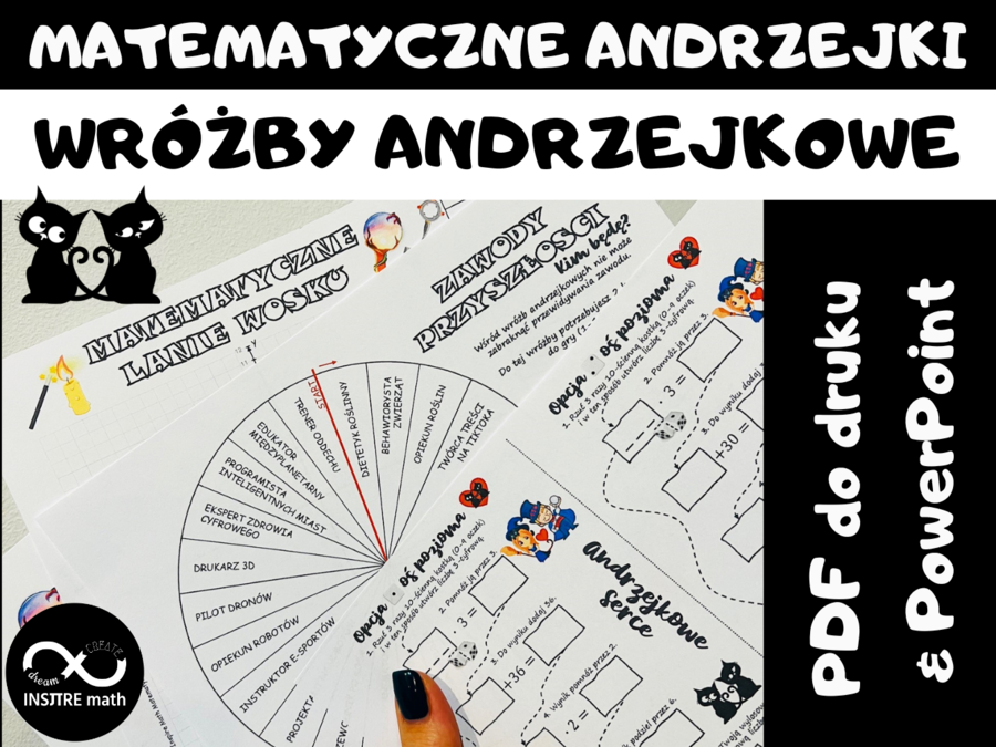 Matematyczne Andrzejki. Wróżby andrzejkowe dla klas 4-8 (działania pisemne, układ współrzędnych, procenty, kąty).
