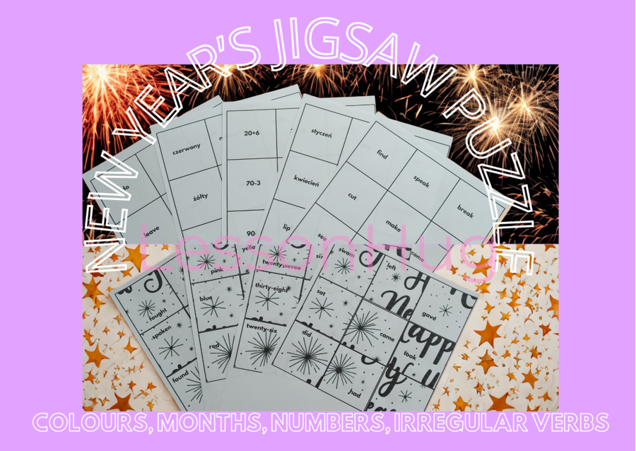 New Year's jigsaw puzzle: colours, numbers,months, irregular verbs