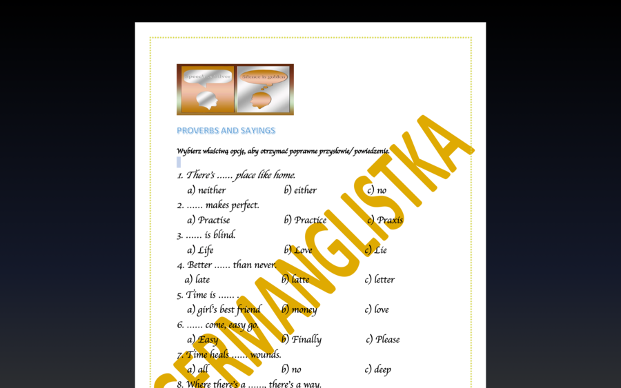 50 przysłów angielskich- quiz A,B, C z kluczem