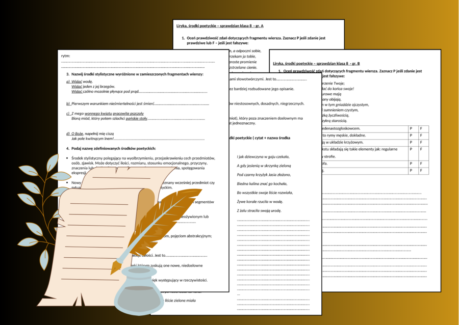 🌹LIRYKA - środki poetyckie - sprawdzian 2 grupy - kl.7-8 + odpowiedzi