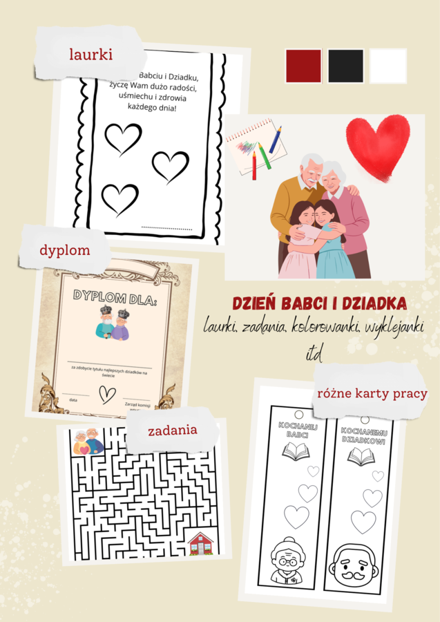 DZIEŃ BABCI I DZIADKA -LAURKI, POMYSŁY NA KARTY PRACY, KOLOROWANKI, ZADANIA