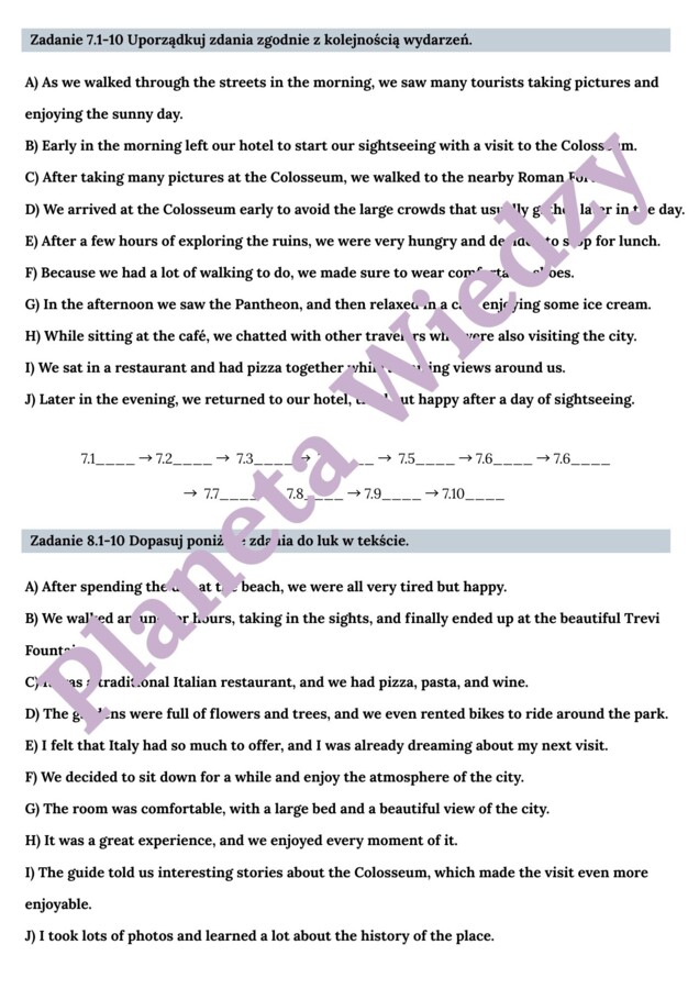 CZYTANIE ZE ZROZUMIENIEM – E8 – Zbiór zadań do egzaminu ósmoklasisty z języka angielskiego. Poziom A2/A2+ – uzupełnienie luk w tekstach, prawda/fałsz, uporządkowywanie zdarzeń, zrozumienie kontekstu zdania