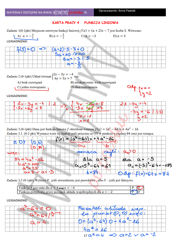 Karta pracy - funkcja liniowa - poziom podstawowy