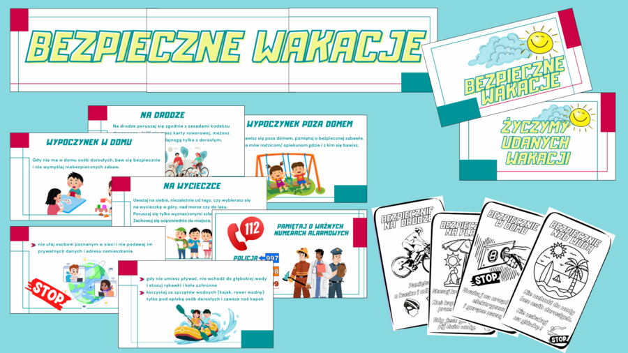 Bezpieczne wakacje - gazetka - prezentacja, napis, kolorowanki