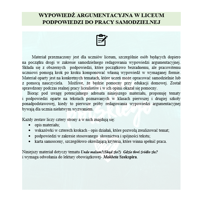 WYPOWIEDŹ ARGUMENTACYJNA W LICEUM PODPOWIEDZI DO PRACY SAMODZIELNEJ Makbet