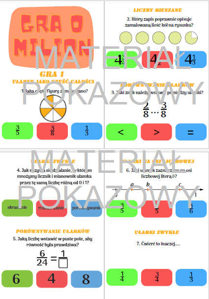 Gra o milion - powtórzenie z ułamków zwykłych dla klasy 4