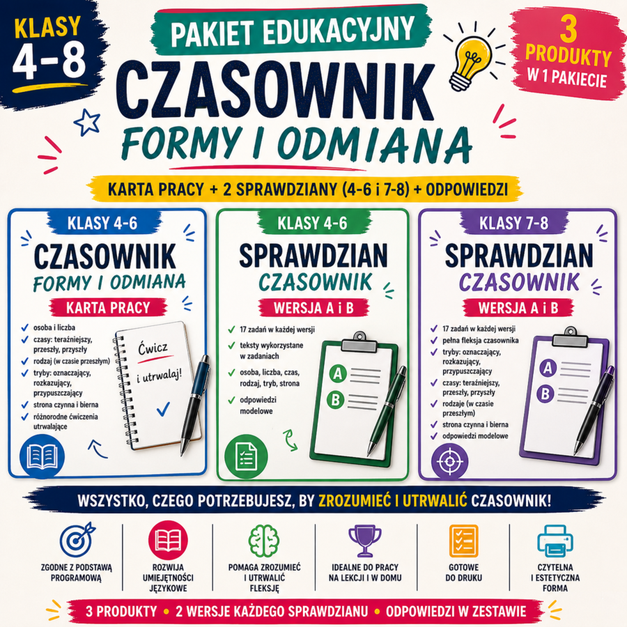Czasownik – pakiet kl. 4–8 | karta pracy + 2 sprawdziany (A i B) + odpowiedzi
