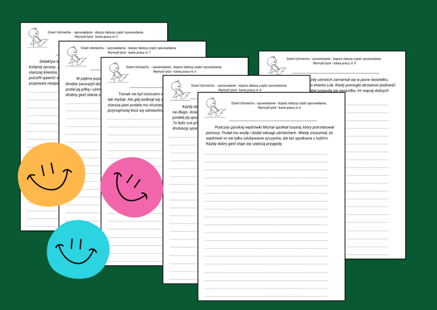 🙂 Zestaw wstępów do opowiadań - Dzień Uśmiechu i Dzień Życzliwości - OPOWIADANIE ✍️ – ĆWICZENIA REDAKCYJNE – karta pracy – kl. 4-8