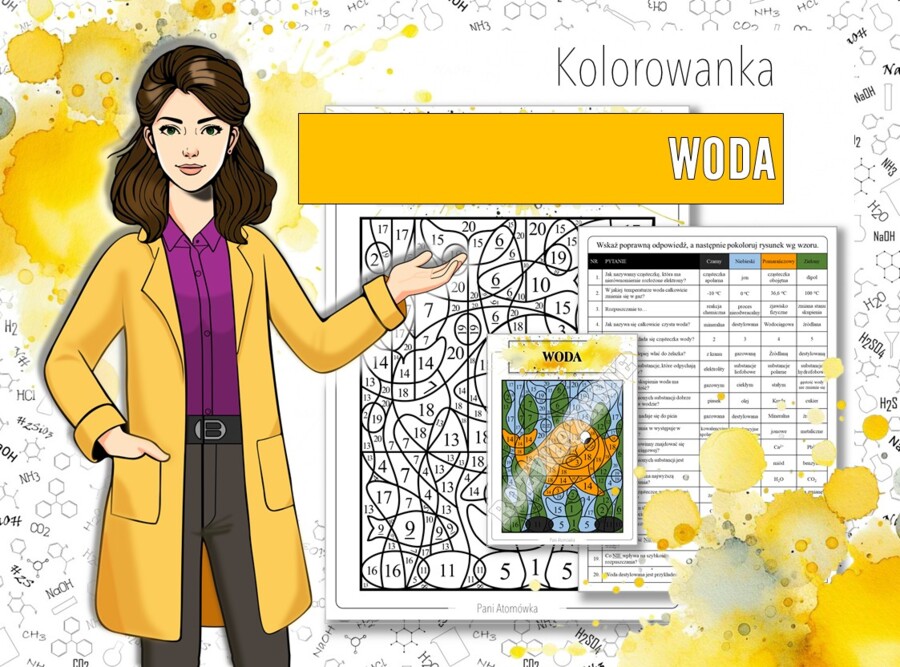 Woda i roztwory: Właściwości i budowa wody - Kolorowanka naukowa (chemia, kl 7)