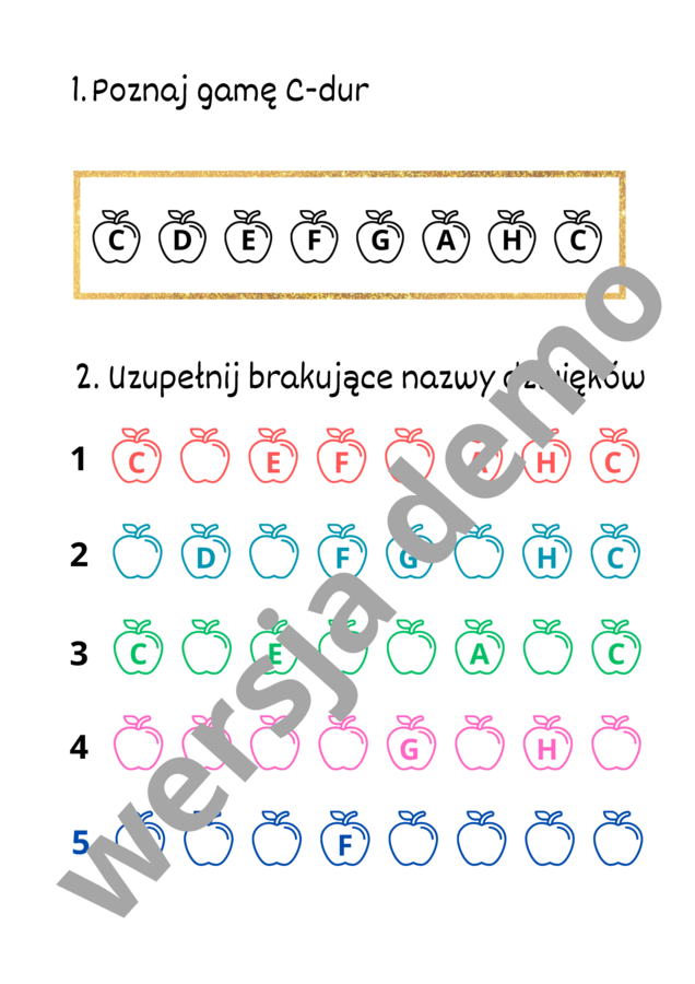 Muzyka. Nauka nut. Utrwalanie kolejności dźwięków gamy C-dur.