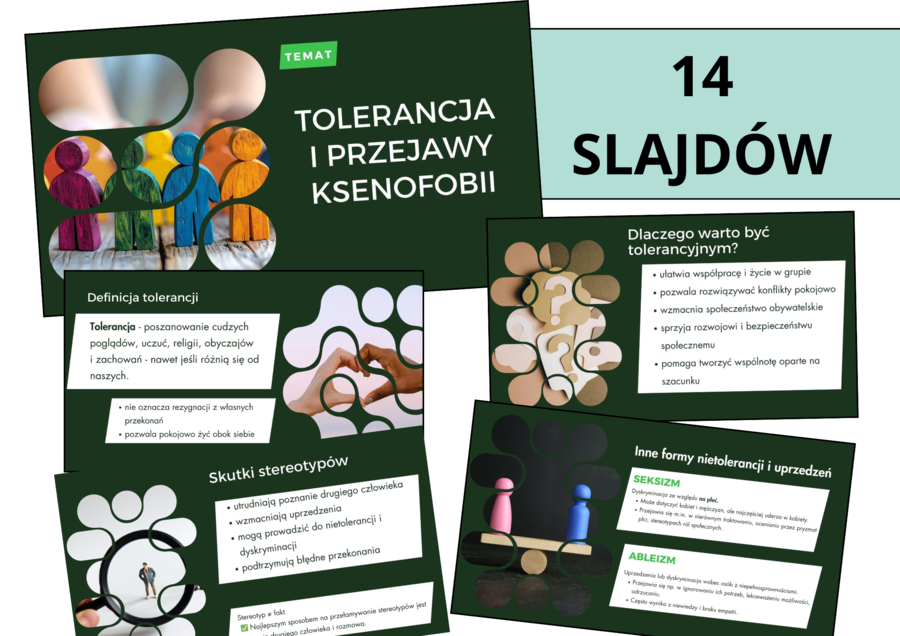 Prezentacja WOS – Tolerancja i przejawy ksenofobii | Klasa 8 | 14 slajdów, możliwość edycji