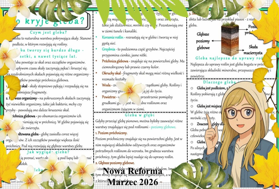 Sketchnotka/notatka - dla ucznia i przypomnienie dla nauczyciela w pdf. Temat "Co kryje gleba?". Przyroda 4. "Odkrywam przyrodę" zgodna z wydawnictwem Nowa Era. Dział "Moja okolica".