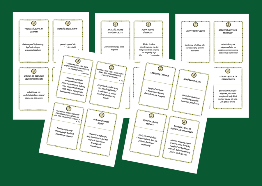 DZIEŃ JĘZYKA OJCZYSTEGO – frazeologizmy – ZWIĄZKI FRAZEOLOGICZNE – przysłowia - fiszki – 20 szt. kl. 4-8 – egzamin – powtórzenie- ćwiczenia – frazeologizmy