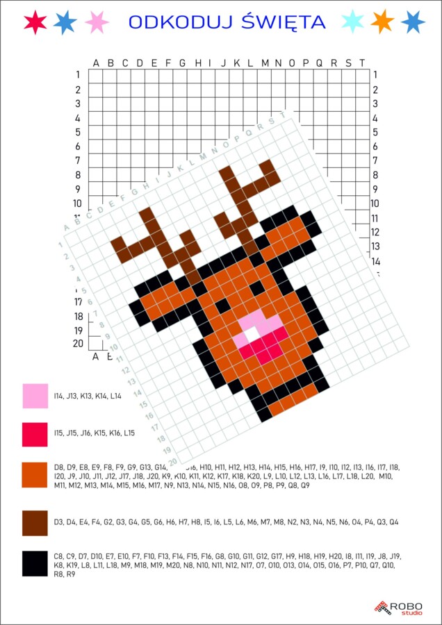 Kodowanka - zima, święta, bombka, dyktando graficzne, trudne, renifer