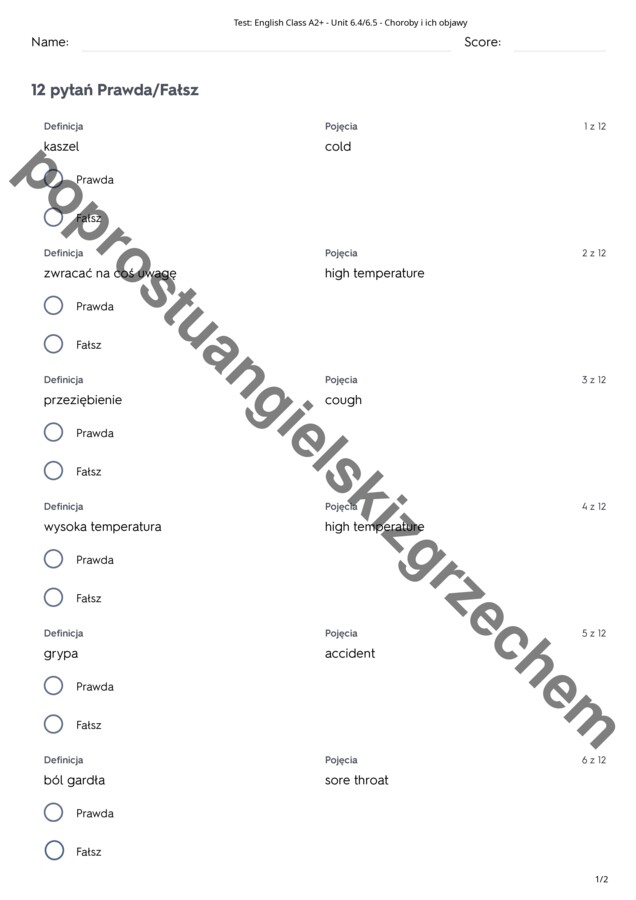 English Class A2+ - Unit 6 - testy